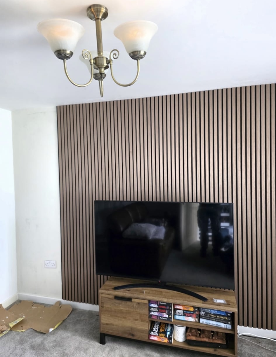 Timber slat television wall in a living room